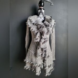 Lapis Gray Fur Trim Romantic Ruffle Duster Sweater Cardigan Sz M Flaws
